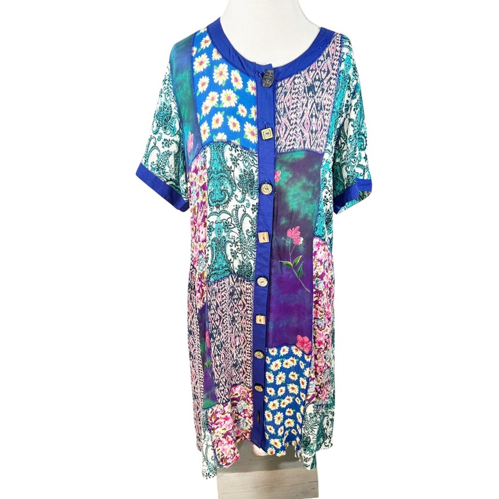 La Cera Button Dress Patchwork Boho Ethnic Midi Pockets Cottage Whimsy Size XL - Picture 2 of 10